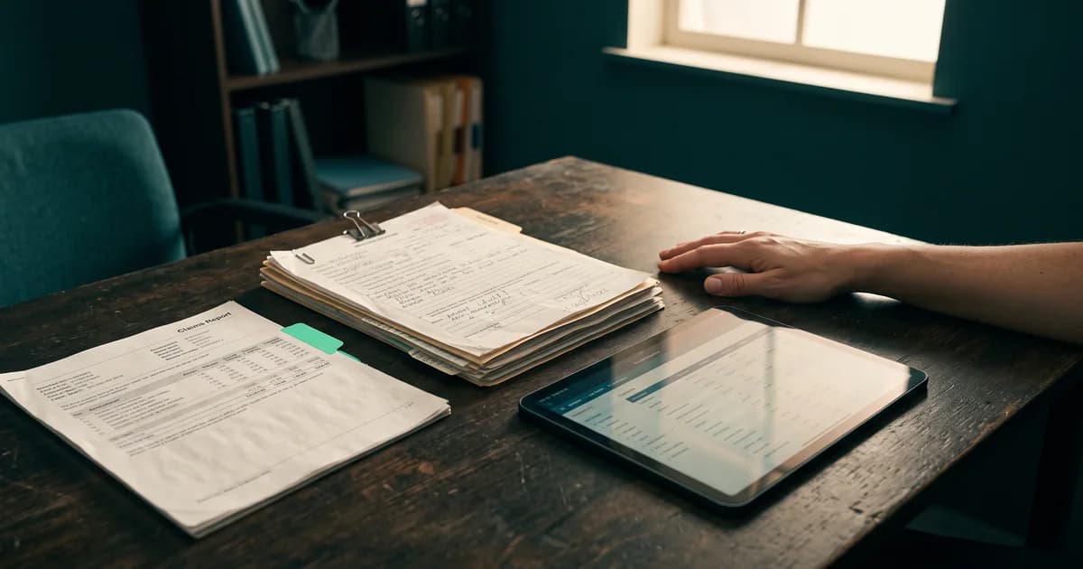 Claims, charts, and a dashboard A claims report with a mint tab, a clipped stack of medical records, and a tablet showing a quality dashboard on a desk