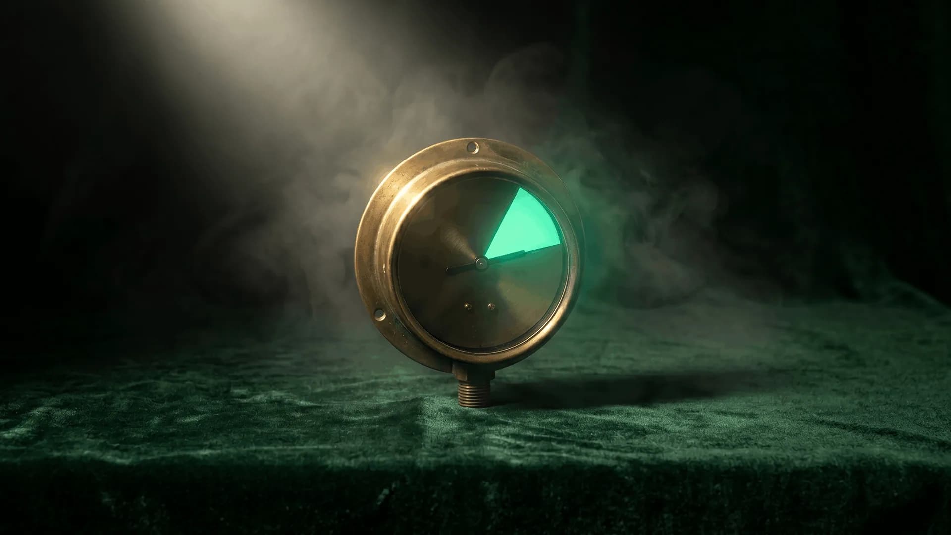 HEDIS Measure Improvement for Community Health Centers Vintage brass pressure gauge with its dial glowing mint-green against dark green velvet and atmospheric fog — a metaphor for dialing in HEDIS quality performance at community health centers without adding staff