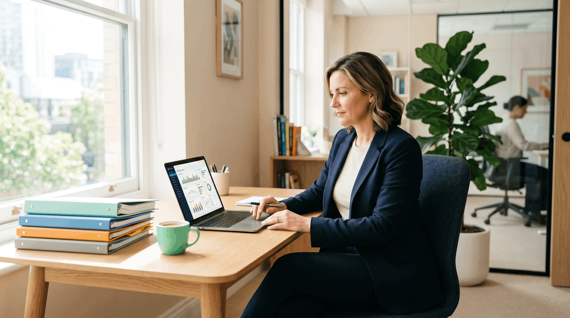 HEDIS Measures Explained: A Practical Guide for Practice Leaders Practice quality leader in a navy blazer at a sunlit desk reviewing a HEDIS analytics dashboard on her laptop, with color-coded binders and a mint-green coffee mug — what HEDIS performance work actually looks like at the practice level