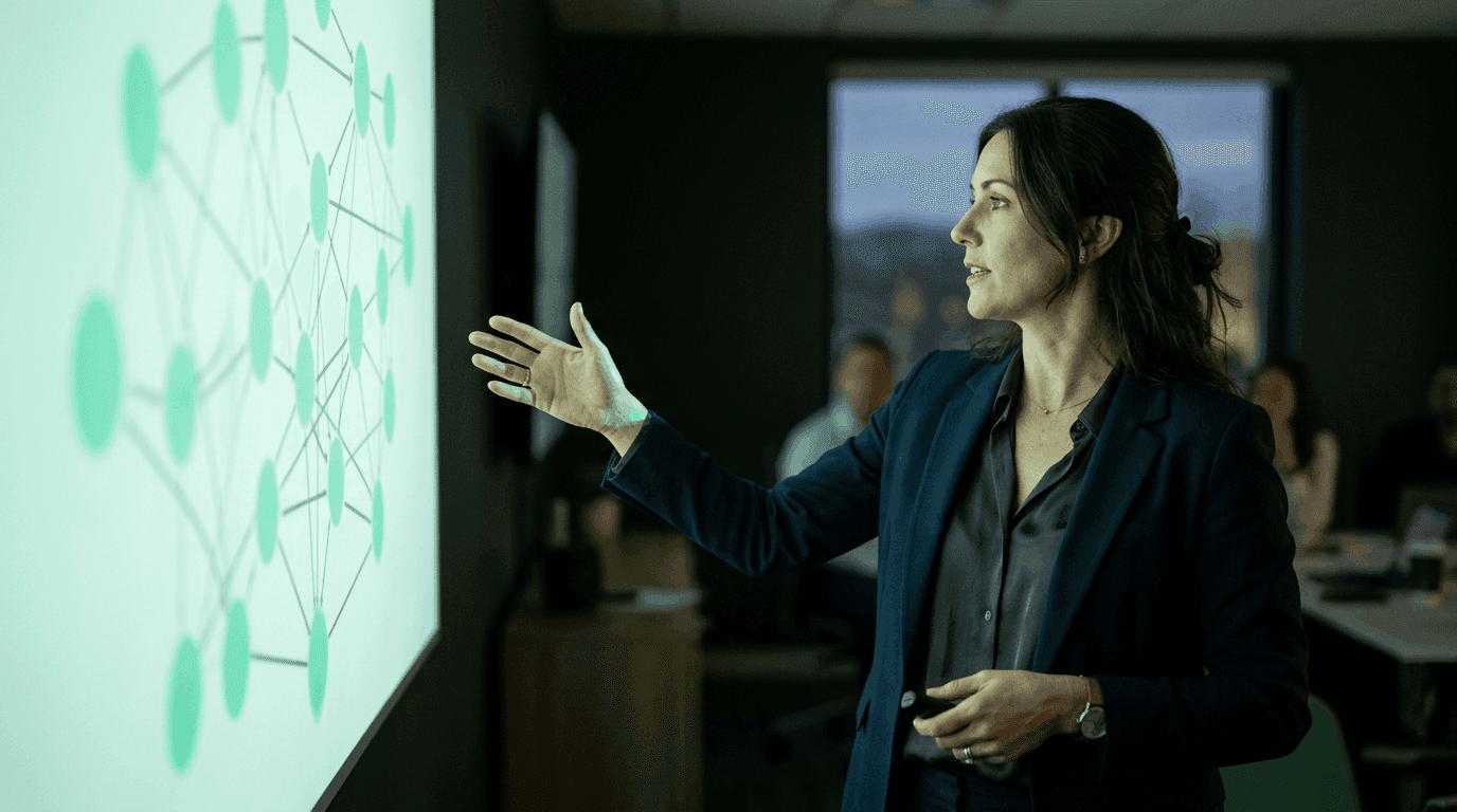 How to build a referral network for a specialty practice Operations leader presenting a referral network diagram of connected nodes to a practice growth team