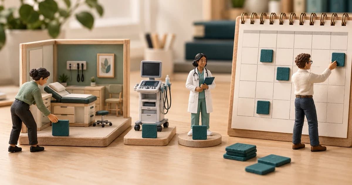 Schedule the Room and Equipment, Not Just the Clinician Miniature schedulers align a clinic room, equipment cart and clinician figure with an appointment grid.