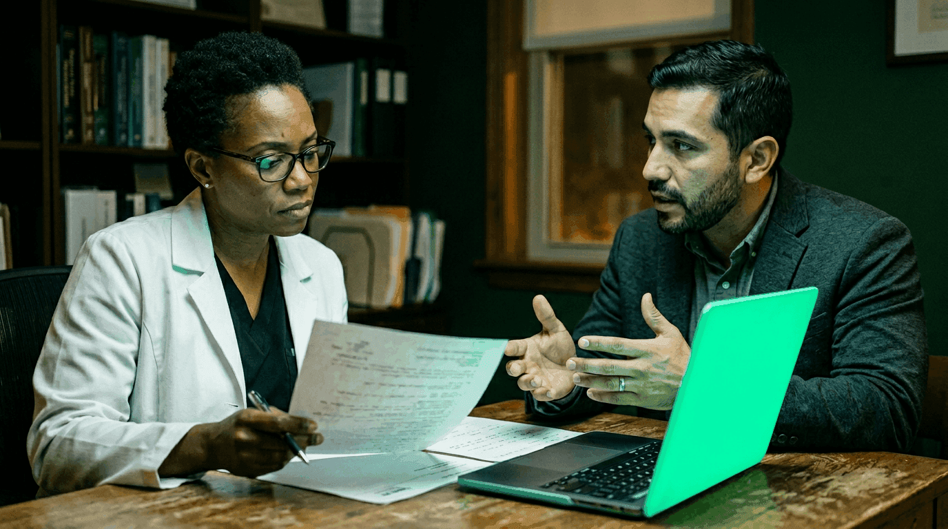 How to write a medical necessity letter that gets approved Clinician and practice administrator reviewing medical necessity documentation together at a desk