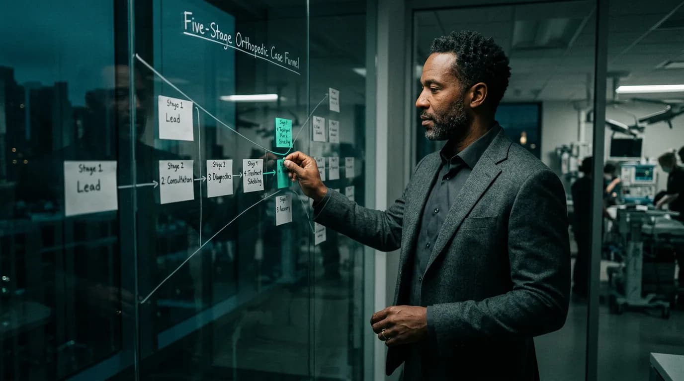 Orthopedic Referral Management: Convert More Surgical Cases Practice leader mapping the five-stage orthopedic referral-to-surgery funnel on a glass wall