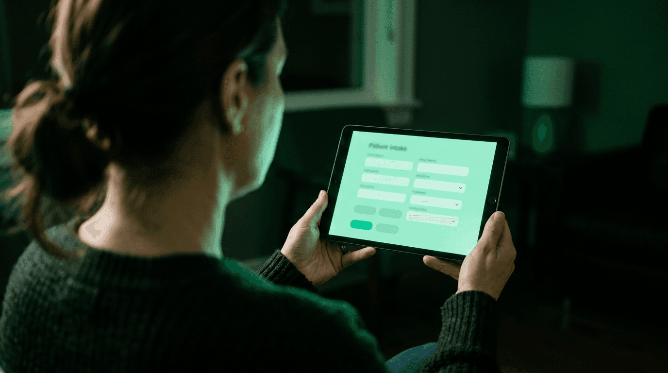 Patient Intake Software: What to Look For and Which Platforms Lead in 2026 Patient holding a tablet showing a digital patient intake form with name, date of birth, and insurance fields, illuminated in mint and teal lighting