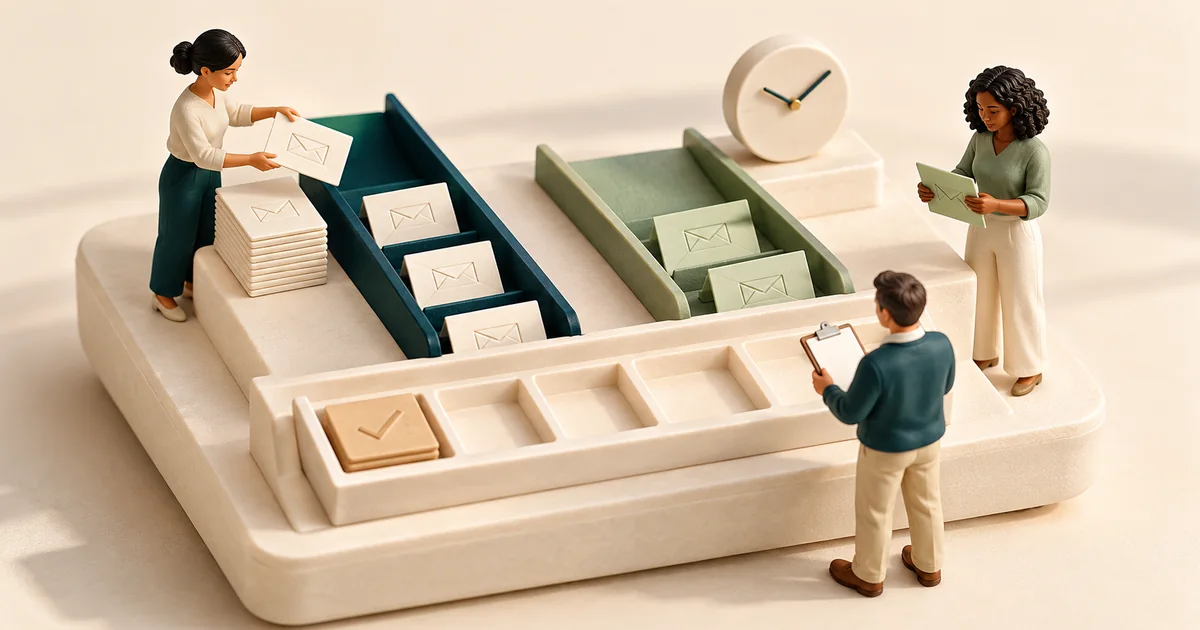 Outreach envelopes released against staff work slots Miniature staff releasing envelopes from two trays into a row of work slots beneath a clock, one slot already checked