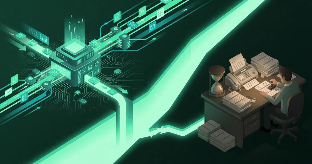 Payers Now Operate at Machine Speed. Your Prior Auth Process Doesn't. Automated payer document processing beside a provider desk with stacks of paperwork