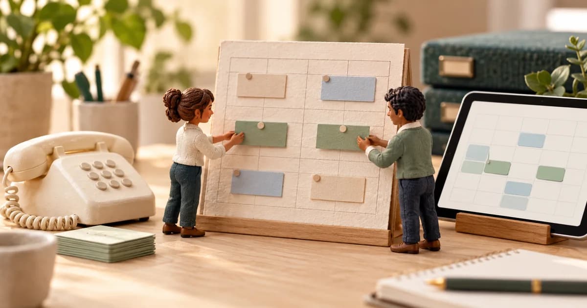 Phone and Online Booking: Give Patients Consistent Appointment Access A telephone and tablet lead to one booking board as miniature coordinators align appointment cards.