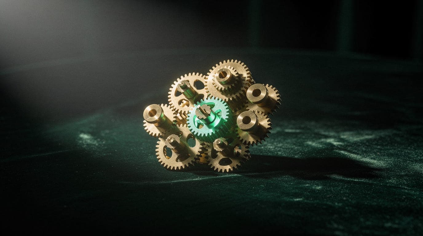 Provider scheduling logic: why matching patients to the right slot is so hard Interlocking brass gears with one glowing green gear at the center, representing interdependent scheduling logic
