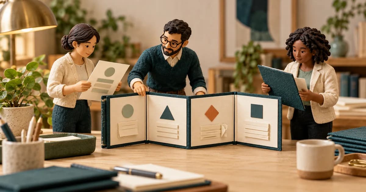 Referral Automation Scope: Turn a Proposal Into Acceptance Evidence Miniature colleagues compare a proposal with a four-part scope workbook and evidence folder.
