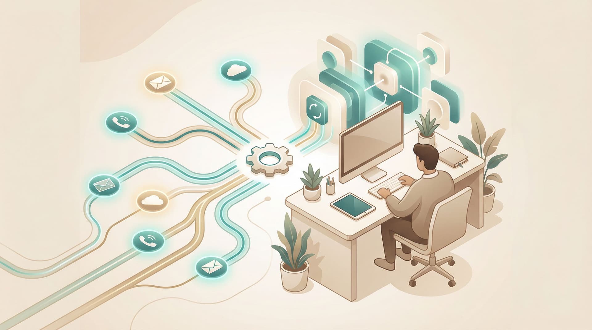 Referral coordinator at desk managing multiple communication channels including email, phone, and cloud systems with workflow automation