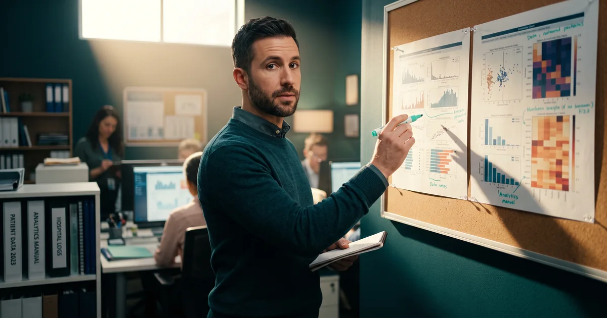 Marking up the benchmark charts An analyst in a dark green sweater marks up benchmark charts pinned to a cork board with a mint marker, notebook in hand