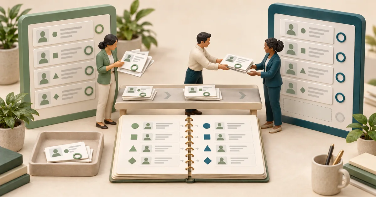 Handing open referral cards to the new system Miniature staff pass referral cards from a sage board to a teal board over a ledger mapping each row's symbol
