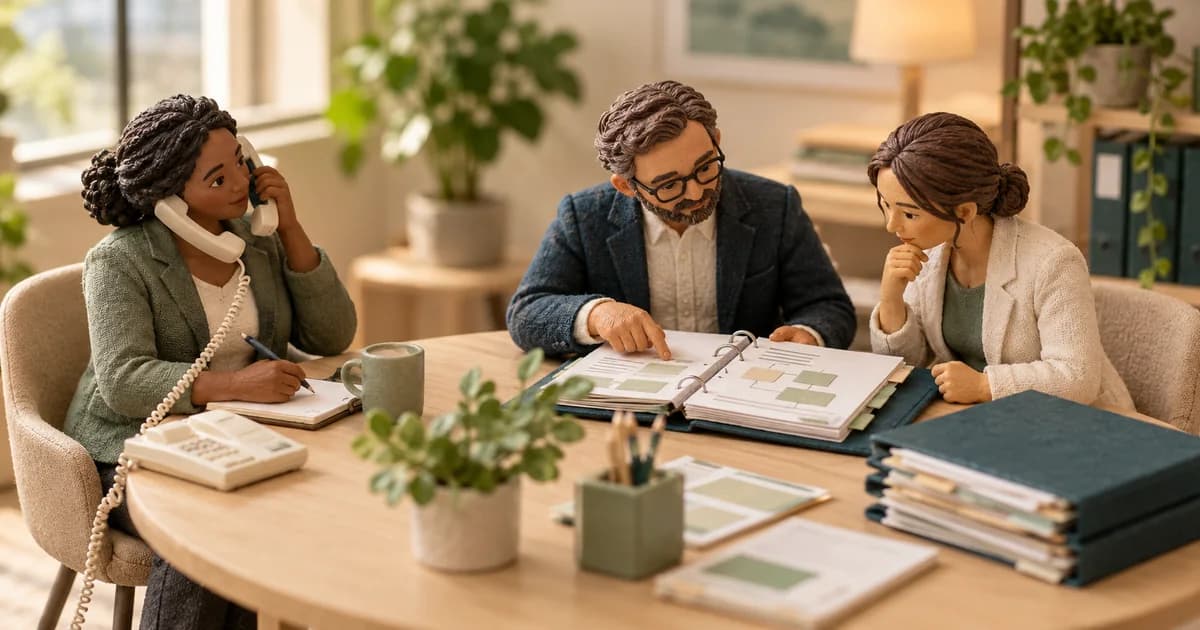 Referral Automation References: Ask What Happened After Go-Live Miniature colleagues review a workflow binder and completed records during a reference call.