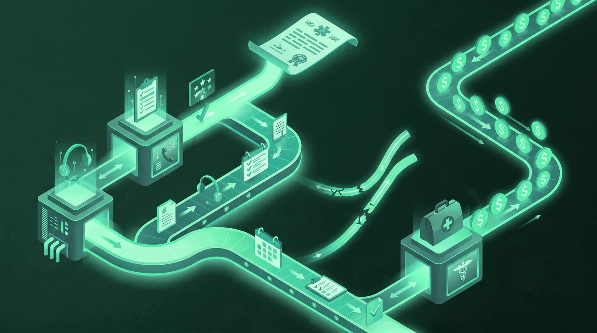 Value-Based Care and Referral Coordination Isometric dark-green scene of a referral-to-revenue conveyor: AI agent node with headset on the left feeds a workflow through a clipboard and review/rating station, a signed contract at top, a broken-bridge section mid-route representing referral leakage, and lands at a medical bag that feeds a zigzag path of glowing dollar coins representing completed VBC revenue
