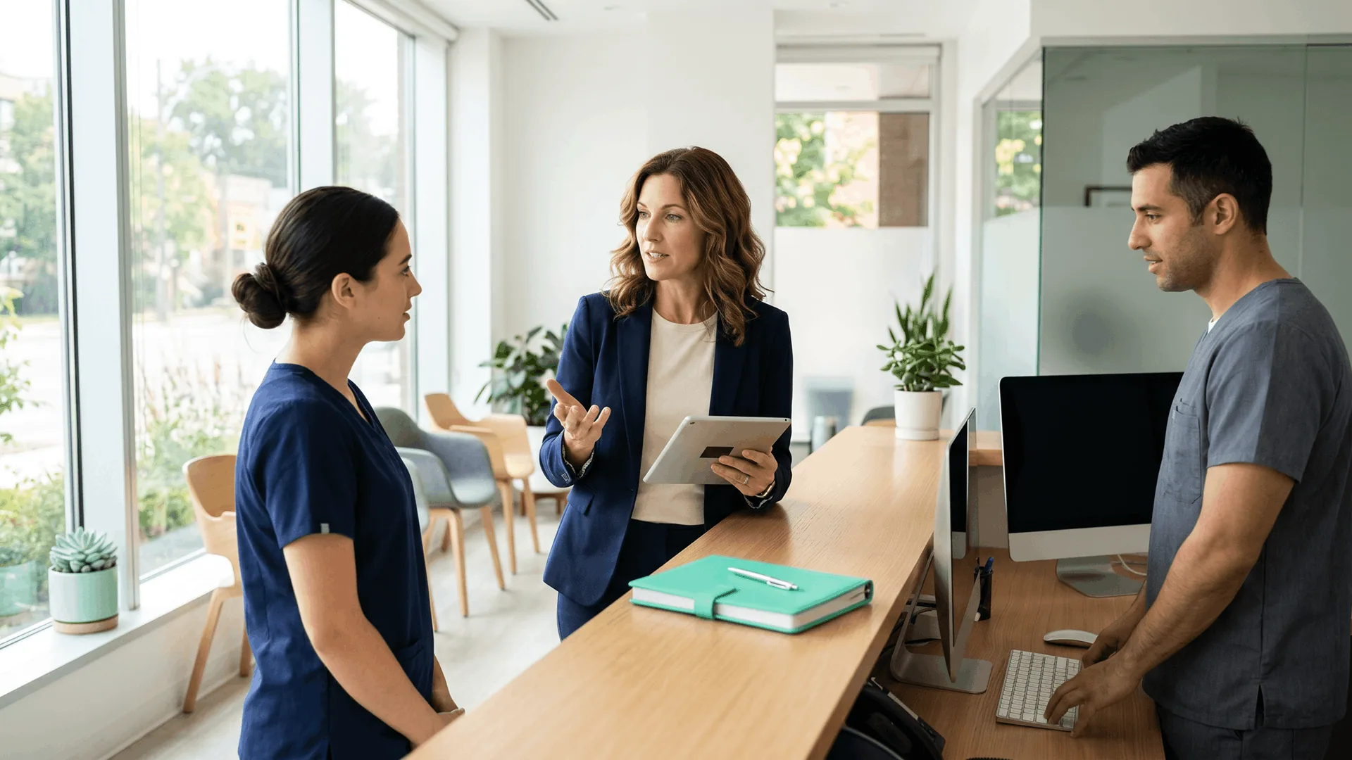 What Is a Patient Access Manager? Role, Challenges, and How Automation Is Changing the Job Patient access manager in a navy blazer holding a tablet leads a front-desk huddle with a clinical staffer in dark blue scrubs and a registration coordinator at a bright modern clinic check-in counter