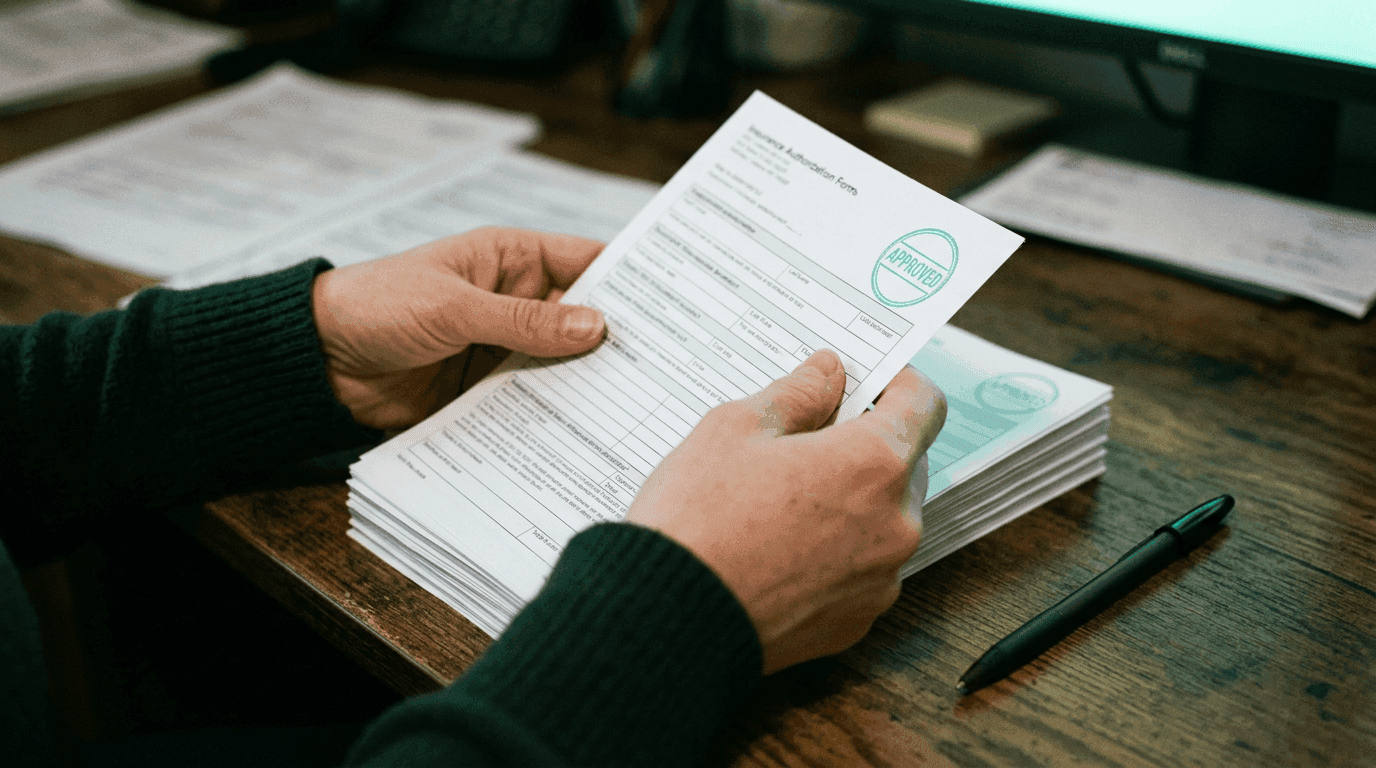 What Is Authorization in Medical Billing? A Clear Guide Practice staff member reviewing an insurance authorization form stamped APPROVED, with a stack of additional authorization forms and a pen on a wooden desk