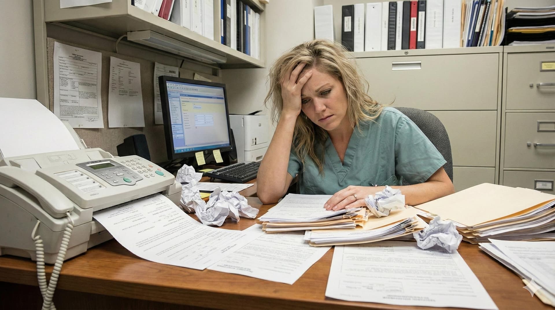 Frustrated healthcare coordinator overwhelmed with faxes and paperwork