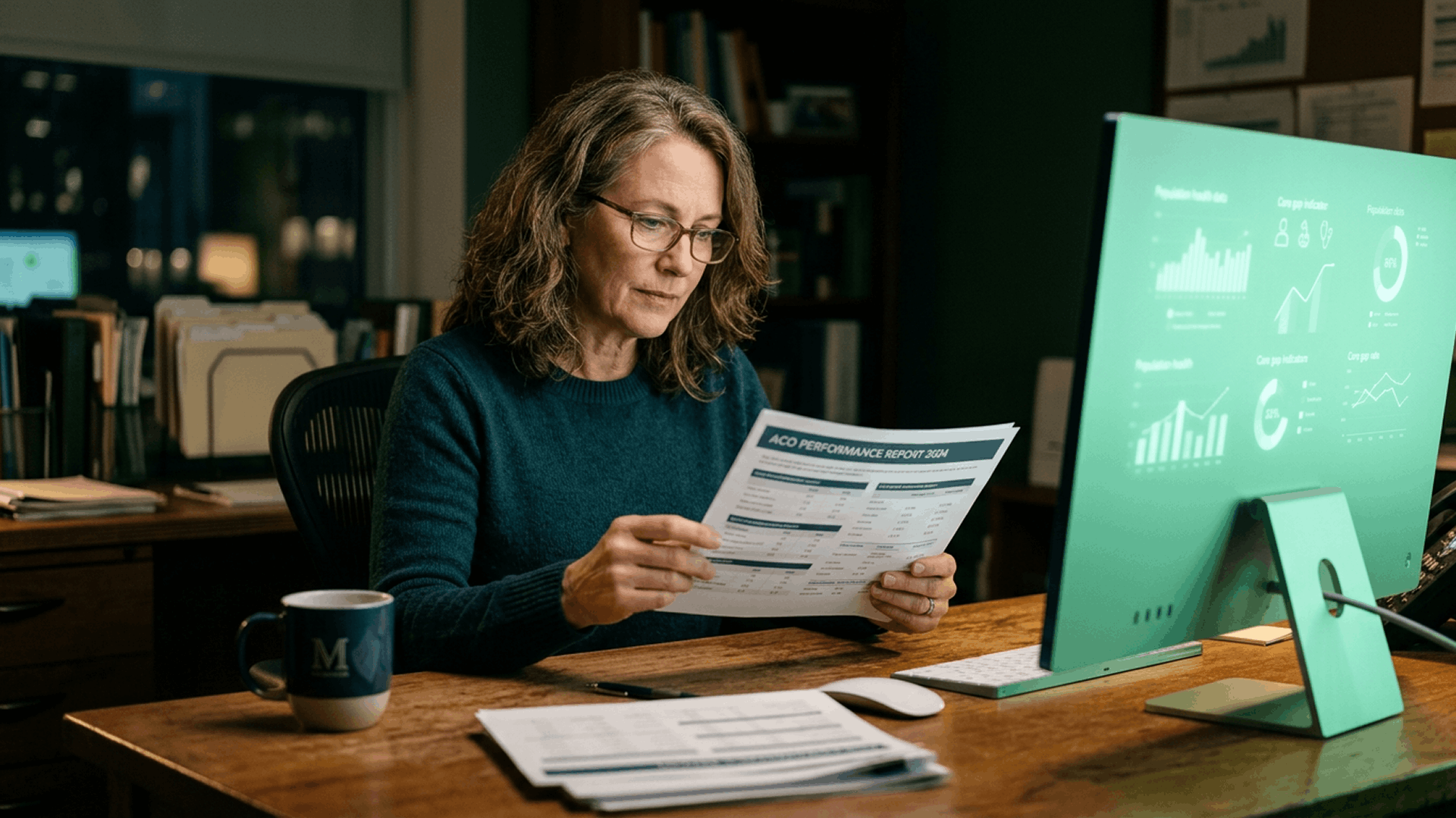 Healthcare quality leader reviewing an ACO Performance Report at her desk, with a mint-colored monitor displaying care gap closure dashboards and population health metrics