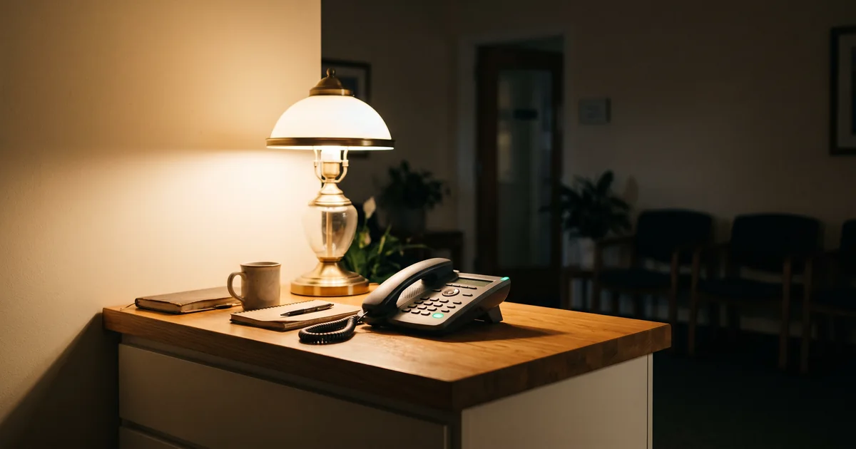 Medical office phone after closing time A dark medical office reception desk at night with a phone handset lit by a single desk lamp