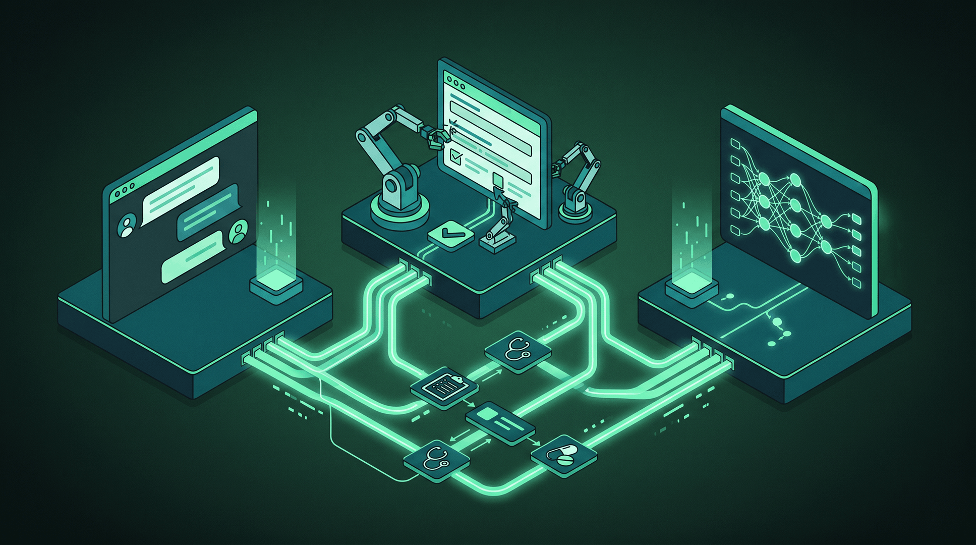 Three technologies side by side on dark green: a chatbot conversation panel (left), a robotic-arm form-filling workstation (center, RPA), and an AI agent neural-network dashboard (right) — connected by mint pipes routing through healthcare icons (stethoscope, clipboard, pill)