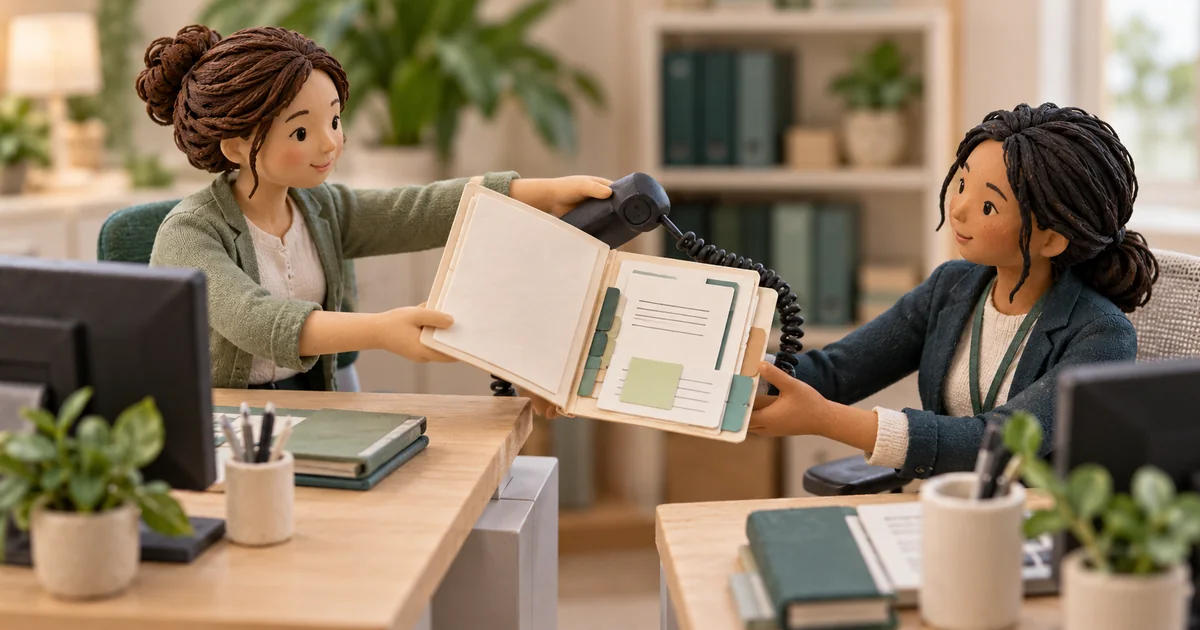 AI Phone Transfers: Give Staff the Request and the Work Already Done Miniature colleagues hand over a telephone request together with its tabbed work history.