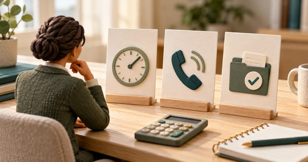 AI Phone Agent Pricing: Compare Minutes, Calls and Completed Requests A miniature buyer compares phone-service pricing sheets using clock, handset and request-folder symbols.