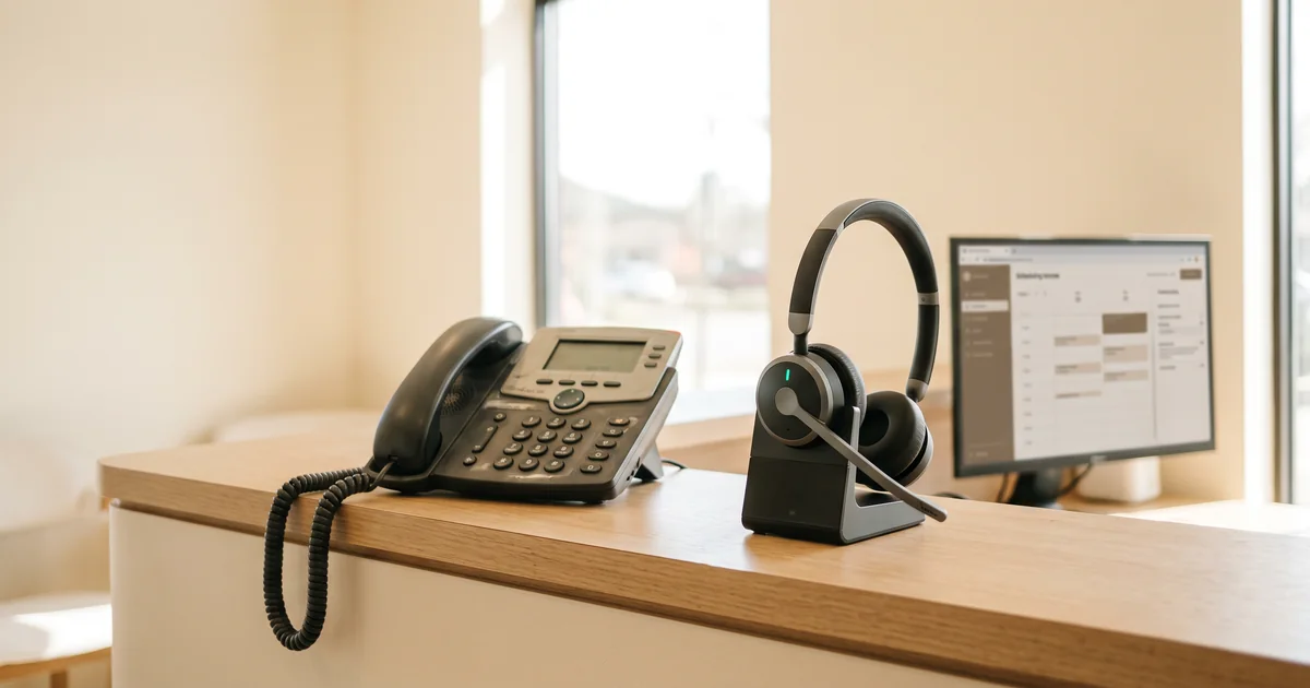 Answering service handset next to a digital scheduling screen A desk phone and a headset side by side on a reception counter with a scheduling screen in the background
