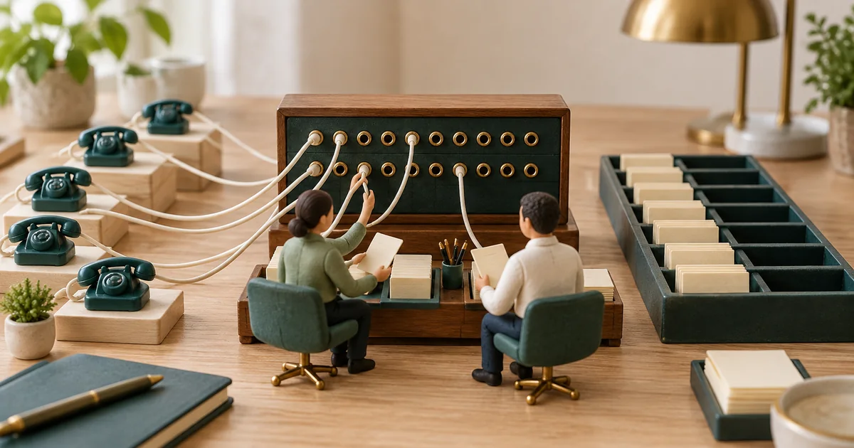AI Phone Capacity: Test What Happens When Call Demand Spikes Miniature staff inspect several incoming phone lines and an orderly request queue.