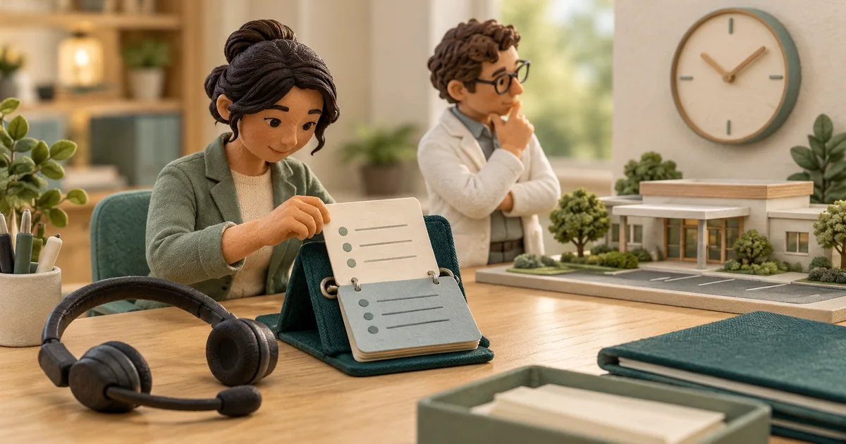 Miniature staff update a phone instruction flipbook beside a headset and clinic model.