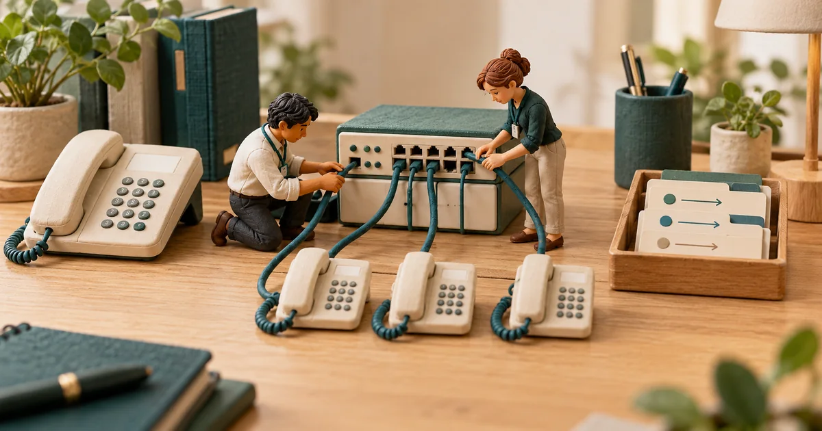 Miniature technicians arrange phone extensions, routing cards and neatly connected cords.