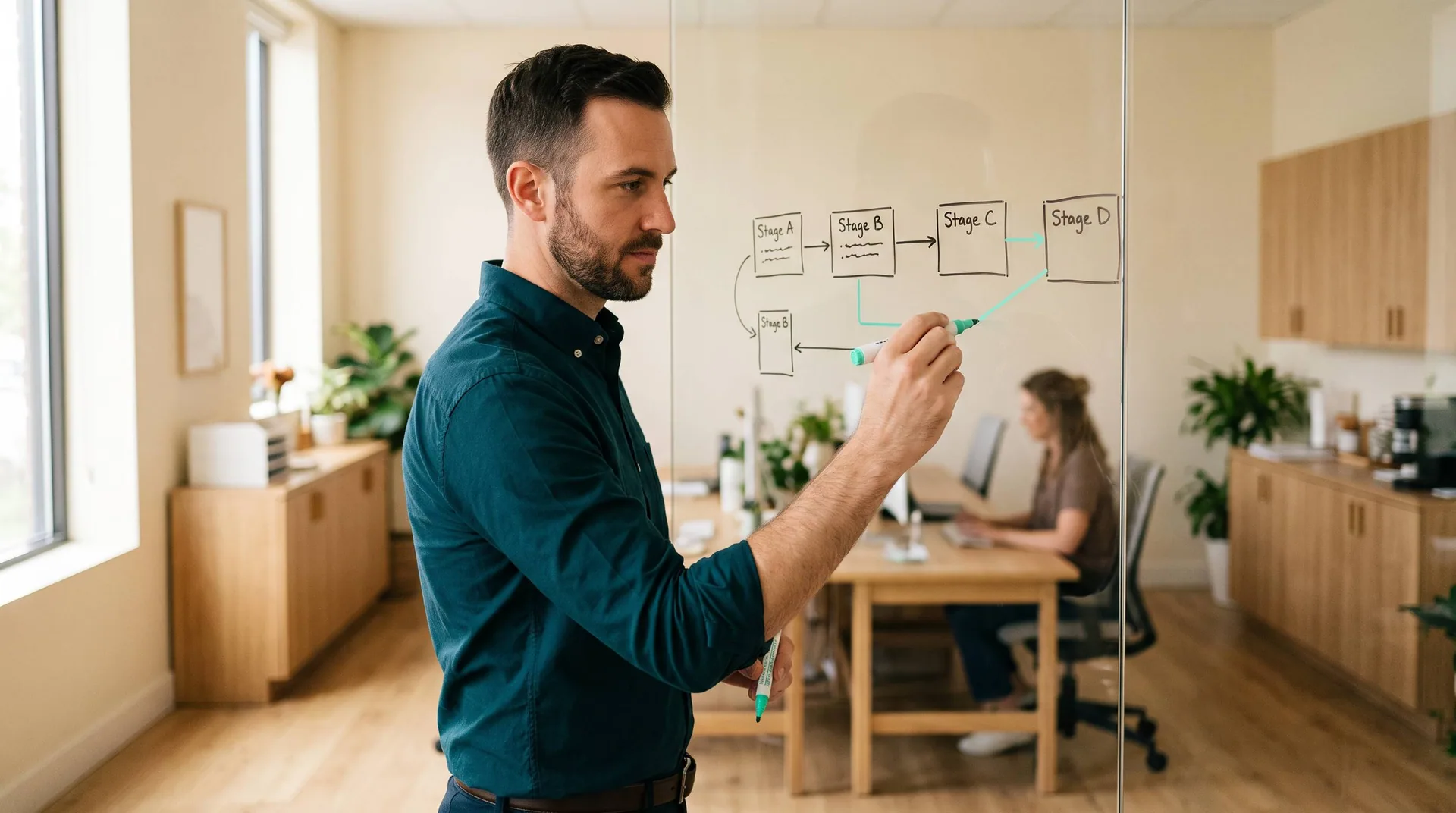 Specialty Referral Scheduling: Connect Intake, Matching, and Prior Authorization An operations lead maps a referral workflow on a glass whiteboard, drawing stages connected by arrows with a branch looping back to an earlier stage for exception rework