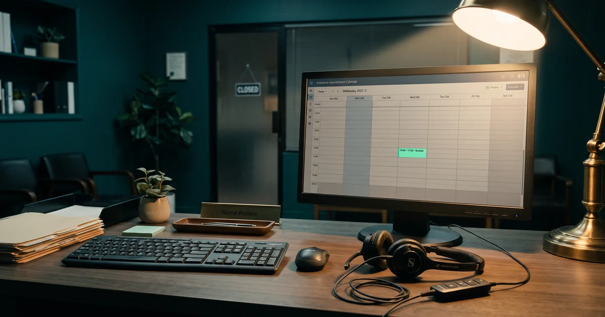 A closed after-hours front desk with a headset beside a monitor showing an appointment calendar with one booked slot