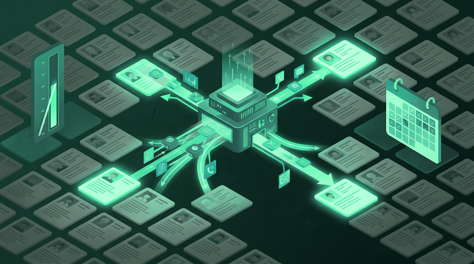 Isometric dark-green scene of a dense grid of gray Medicare patient records, with a mint-glowing outreach hub in the center fanning arrows out to selected records, a vertical completion-rate KPI thermometer on the left, and a large scheduling calendar on the right — representing eligibility stratification, multi-channel outreach, and self-scheduling that lift AWV completion