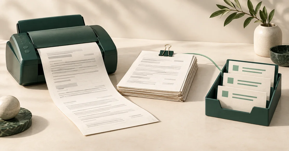 A teal fax scanner beside preserved paper originals and structured record cards in a matching document tray