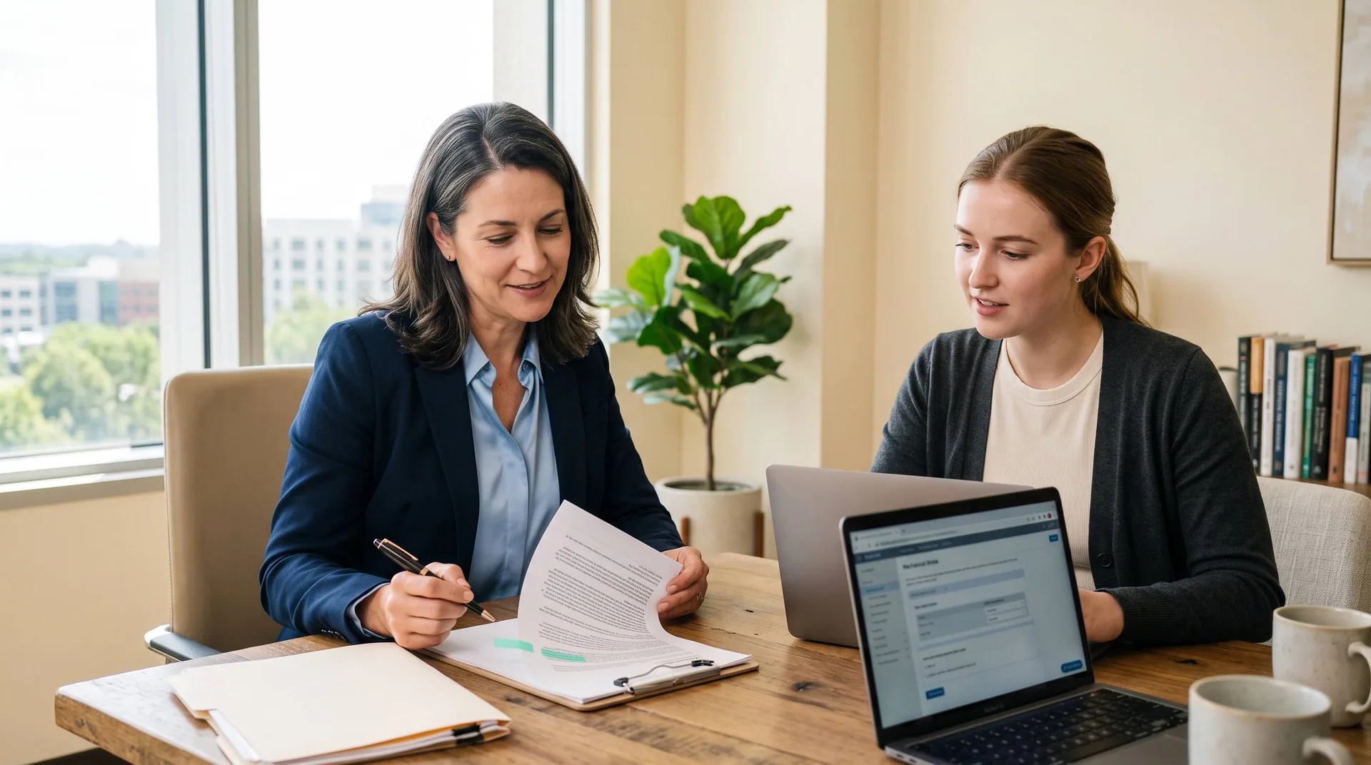 How to Automate Prior Authorization Appeals Clinician reviewing a drafted prior authorization appeal letter while a colleague submits it through a payer portal
