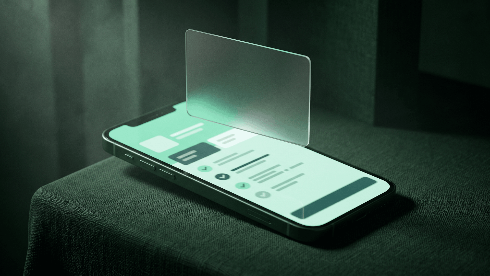 Cinematic 3D render of a smartphone projecting a holographic eligibility verification panel above its mint-lit screen, illustrating real-time automated insurance verification replacing manual portal eligibility checks
