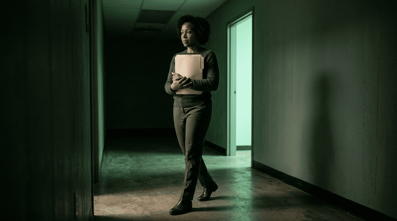 Behavioral health operations leader carrying a patient file down a dim clinic corridor toward the light