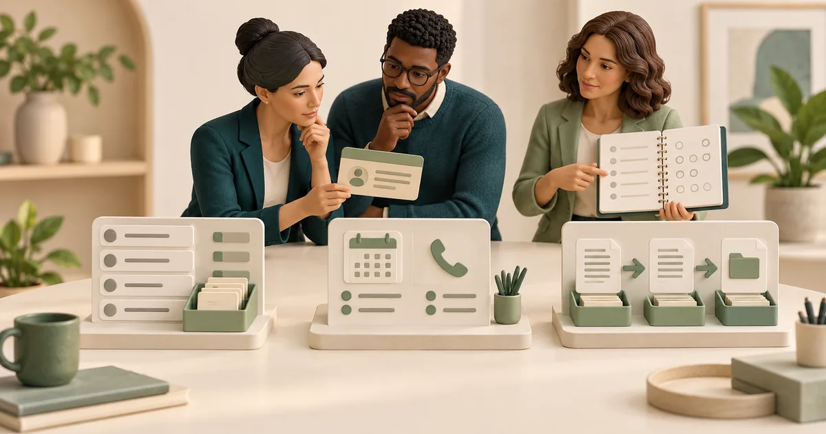 Three referral software categories Three miniature staff compare three referral software stations: a queue board, a calendar and phone, and a document flow