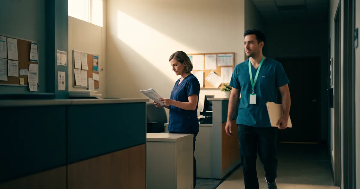 Reading the list, working the list A nurse reading a printed patient list at a clinic desk while a colleague walks past carrying a manila folder
