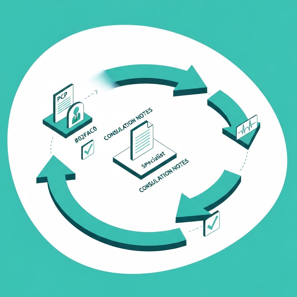 Isometric illustration of healthcare analytics dashboard with benchmarks, charts, growth metrics, target goals, and connected healthcare facilities and medical devices on dark teal background