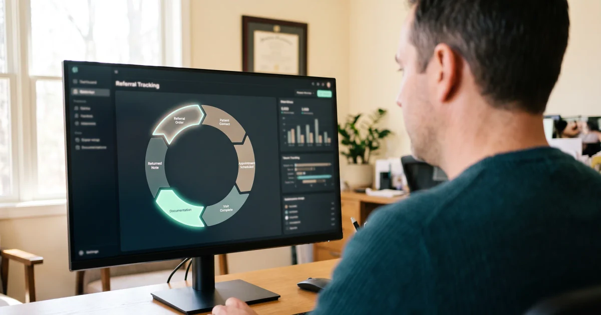 What Is a Closed-Loop Referral? Practice administrator viewing a closed-loop referral dashboard from order through returned note
