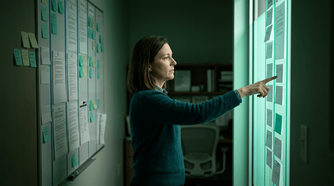 Compliance lead in a teal sweater mapping CMS-0057-F regulatory text against a glowing illuminated panel and a policy wall covered in sticky notes, representing the cross-walk between the rule's requirements and a payer-by-payer compliance plan