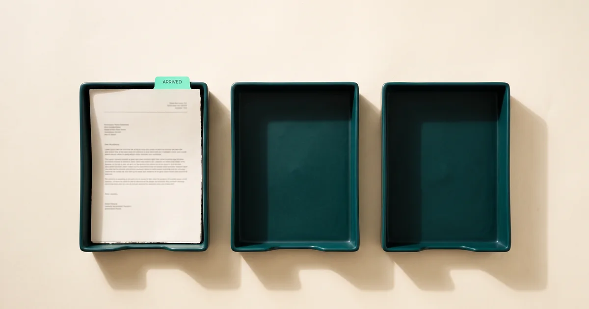 Three dark green paper trays on a cream background, the first holding a printed note with a mint tab labeled Arrived