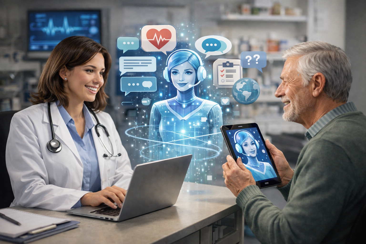 Doctor with laptop and patient with tablet interact through a holographic AI assistant displaying chat bubbles and health icons, illustrating conversational AI in healthcare
