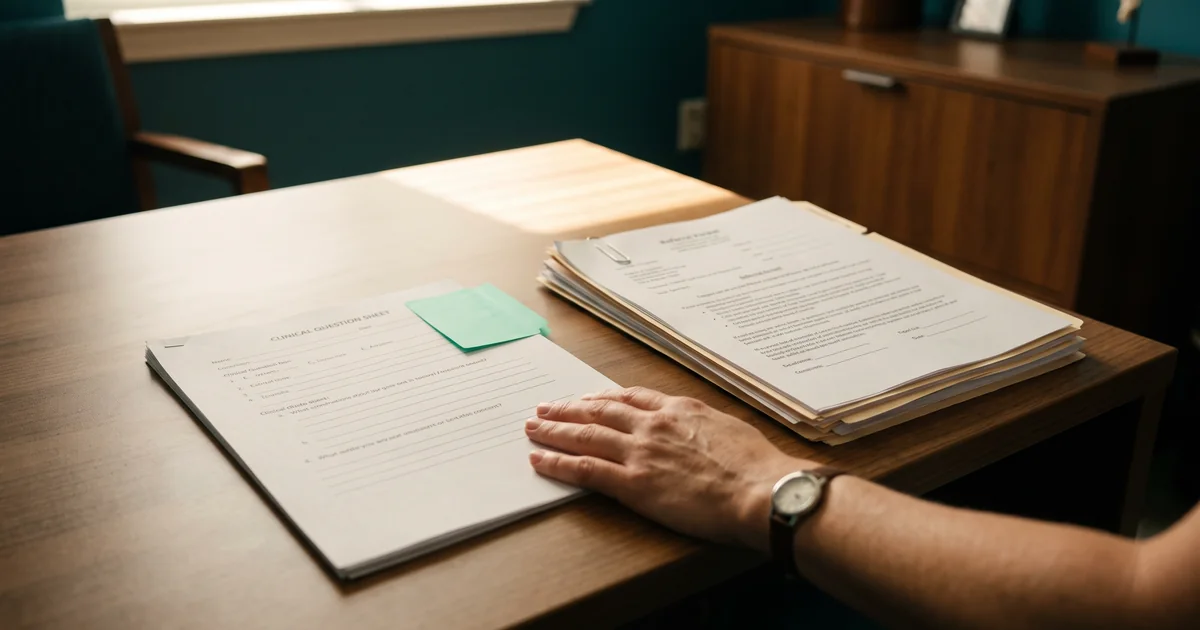 Question sheet or referral packet A hand resting between a clinical question sheet with a mint sticky note and a clipped referral packet on a wooden desk