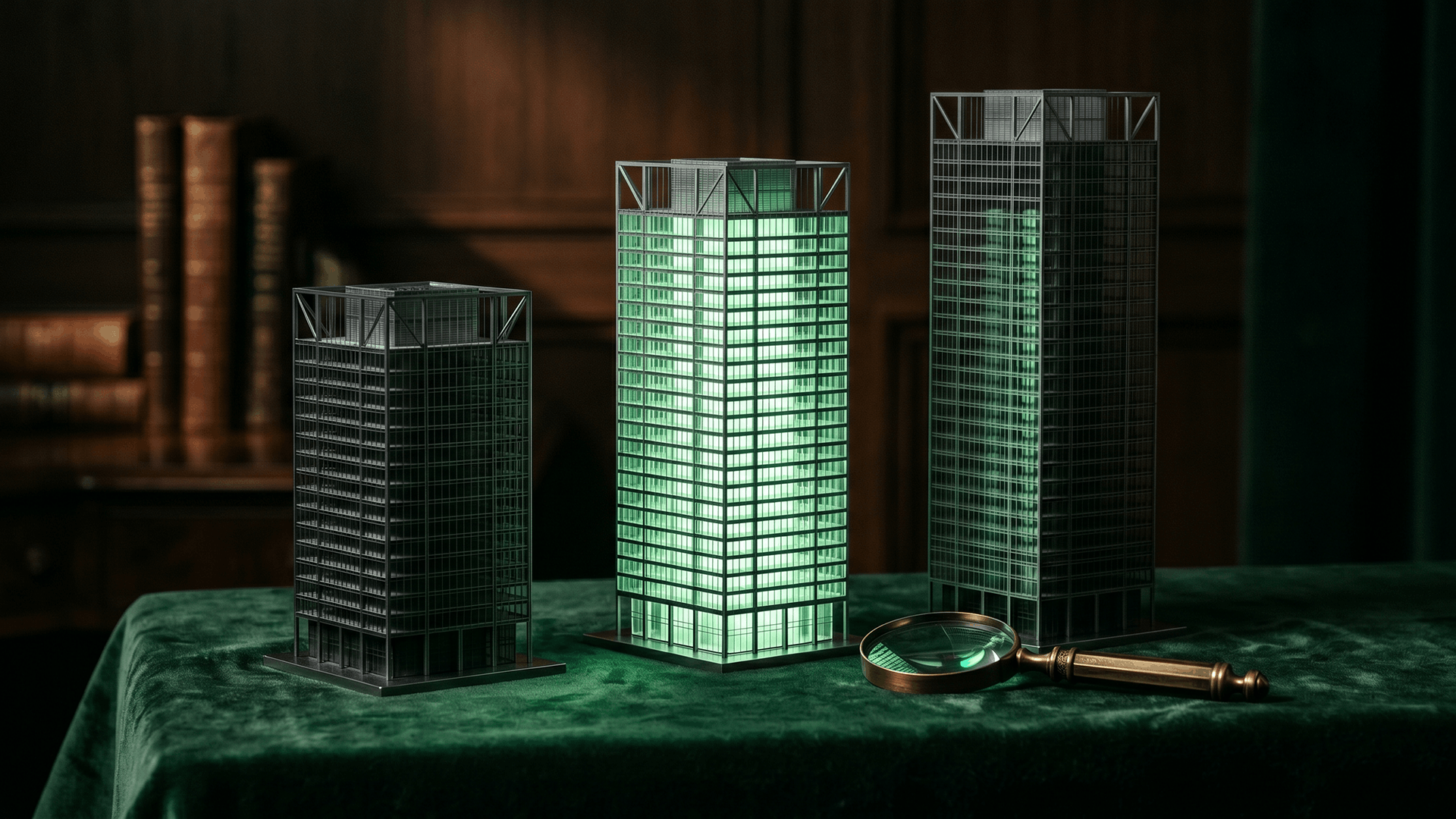 Isometric dark-green scene of an eight-column scoring rubric with mint checkmarks and red flags, a magnifying glass over an EHR integration diagram, and a clipboard of RFP questions — representing a vendor-agnostic healthcare AI buyer's checklist