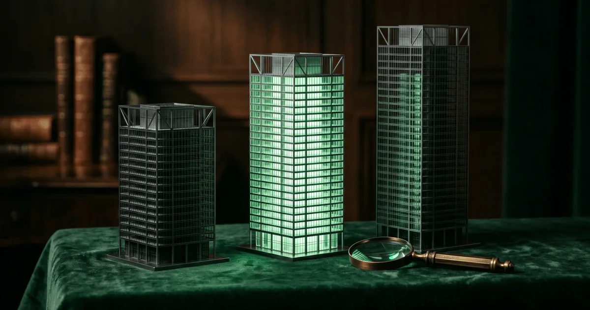 Three vendor towers under a magnifying glass Three model office towers on green velvet, the middle one glowing mint, beside a brass magnifying glass