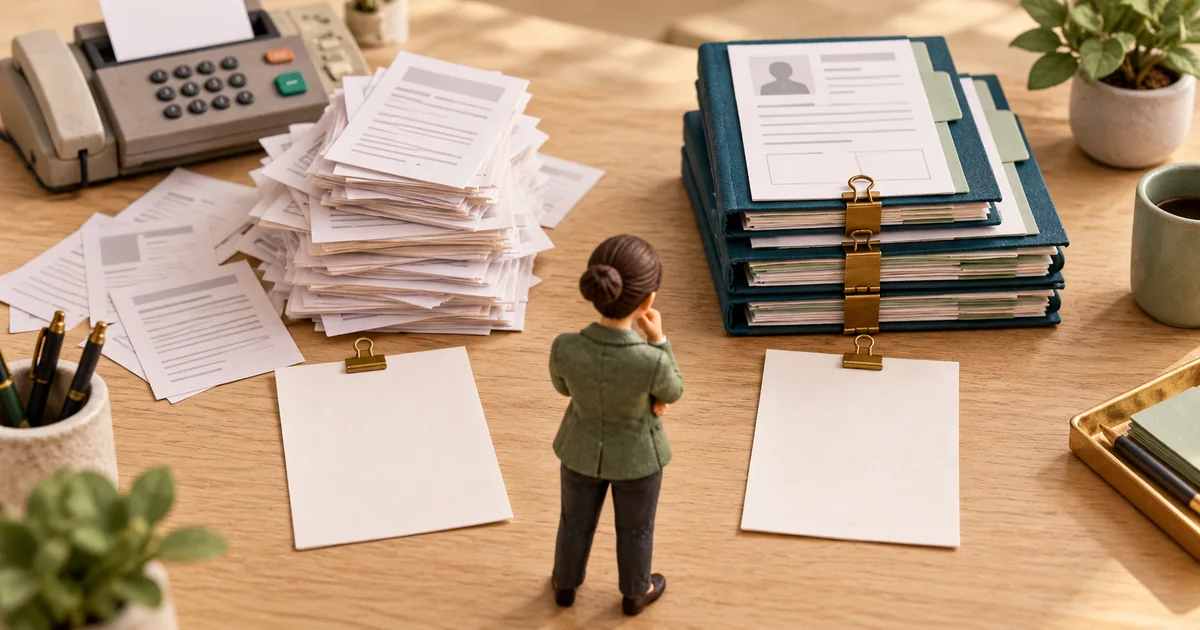 Fax Automation Pricing: Compare Per-Page and Per-Referral Quotes A miniature buyer compares loose fax pages and assembled referral packets beside two quote sheets.
