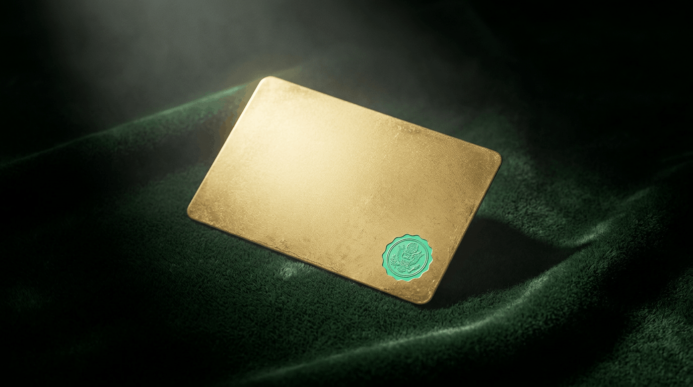 Polished gold metal card with a green wax-style seal resting on dark green velvet under dramatic light, evoking the gold-card credential awarded to providers with consistently high prior authorization approval rates