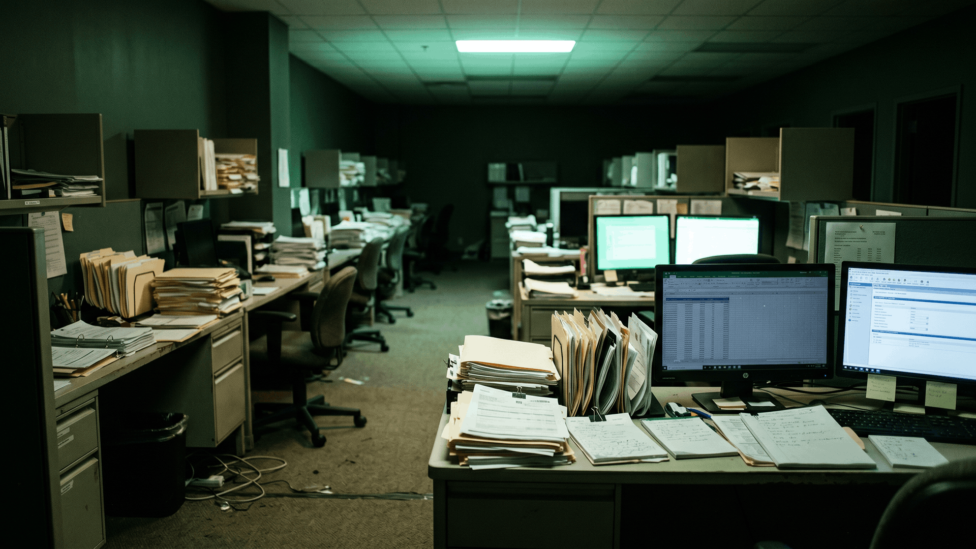 Isometric dark-green scene of a $250 billion administrative-cost stack split into five color-coded buckets — billing, prior auth, care coordination, scheduling, and credentialing — feeding into an AI agent automation hub